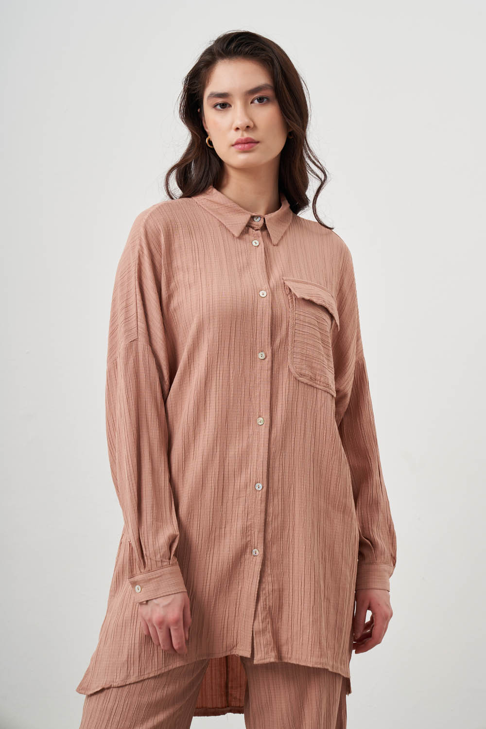 Mizalle Oversize Cepli Özel Dokuma Uzun Camel Tunik