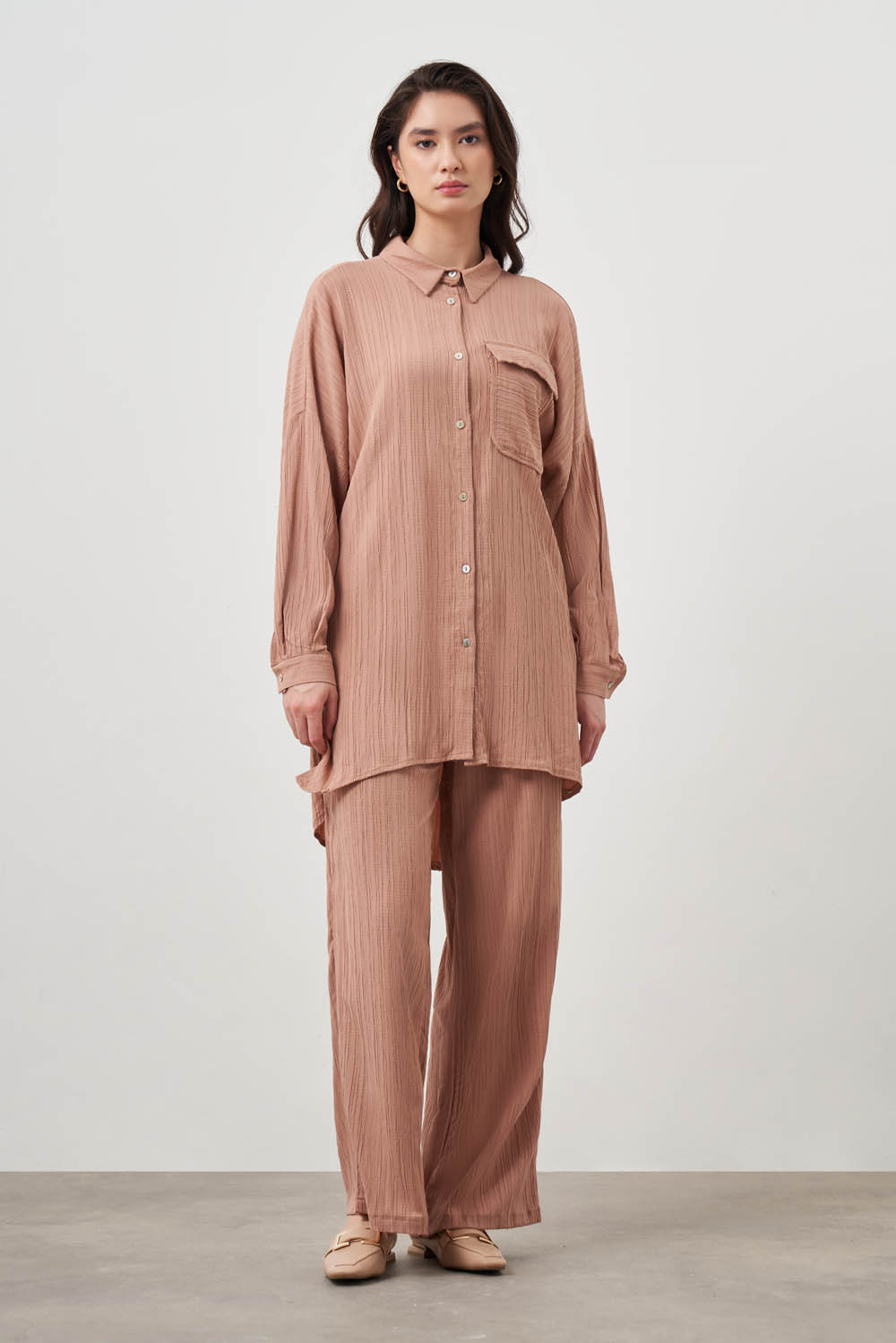 Mizalle Oversize Cepli Özel Dokuma Uzun Camel Tunik