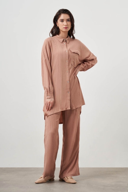 Mizalle Oversize Cepli Özel Dokuma Uzun Camel Tunik