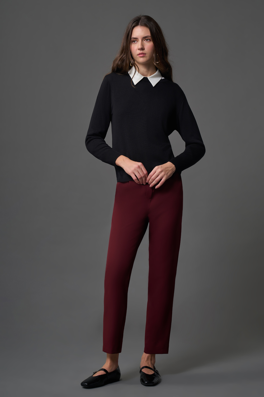 Mizalle Tek Pile Basic Beli Lastikli Günlük Bordo Kumaş Pantolon