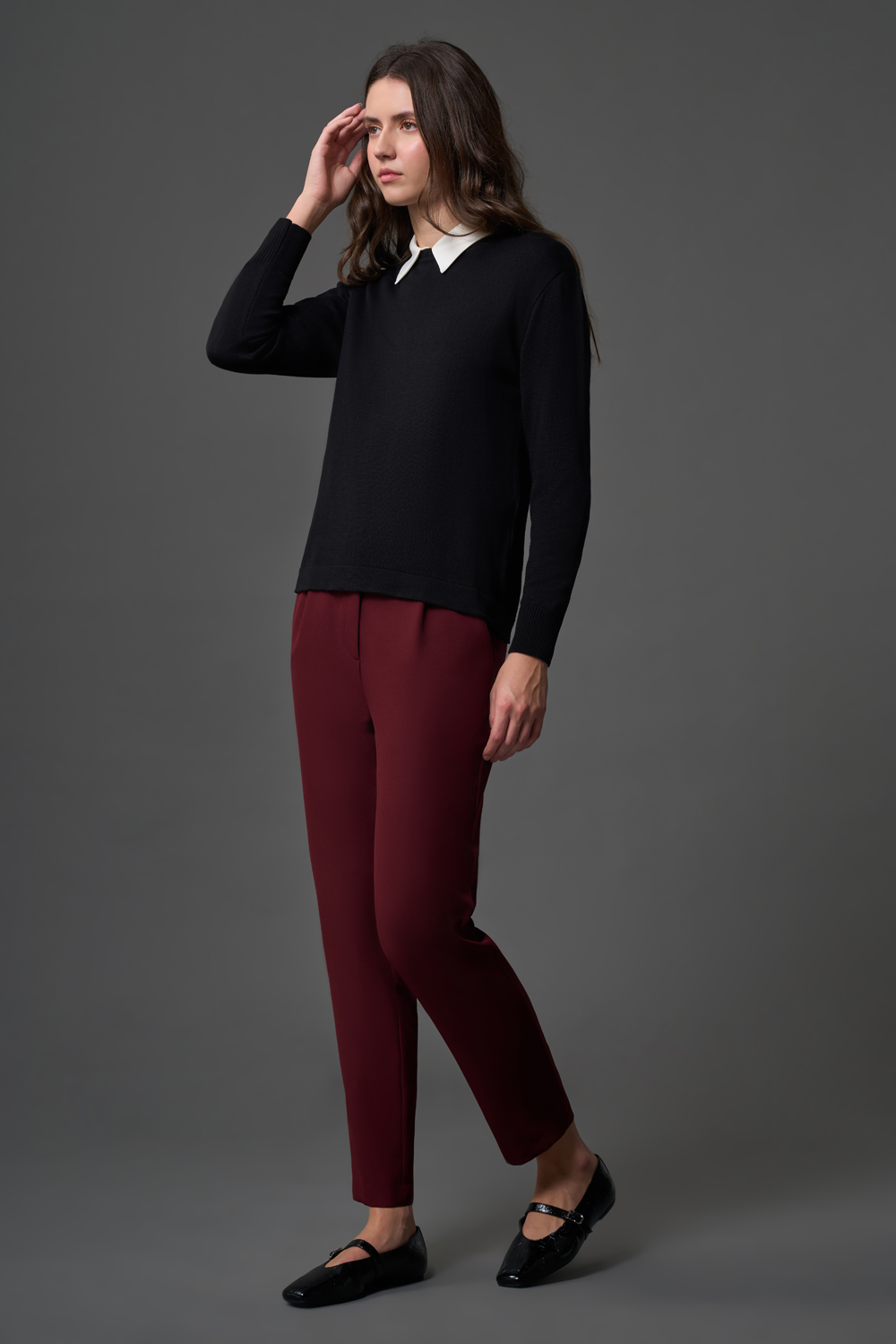 Mizalle Tek Pile Basic Beli Lastikli Günlük Bordo Kumaş Pantolon
