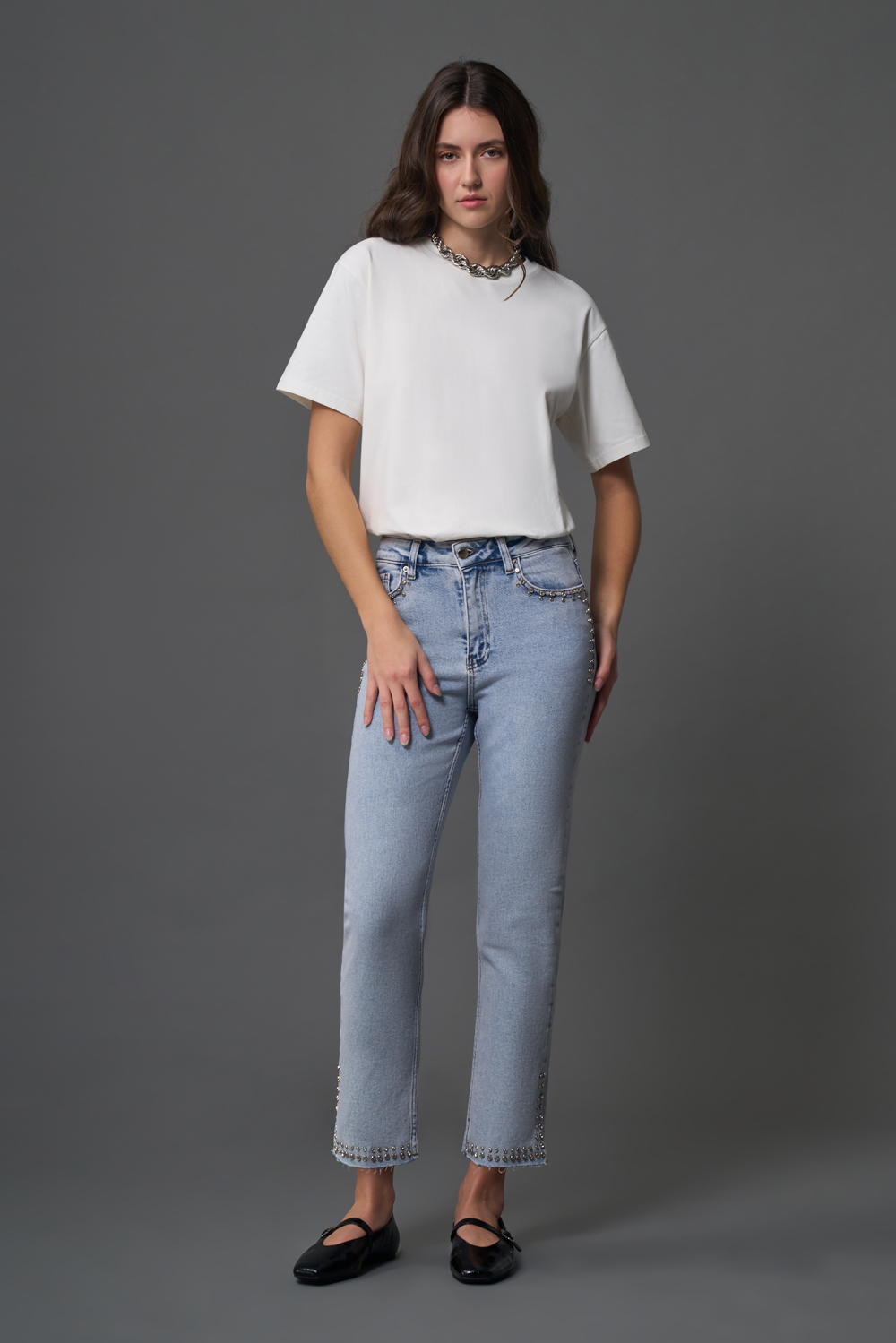 Mizalle Taş Detaylı Açık Mavi Denim Pantolon