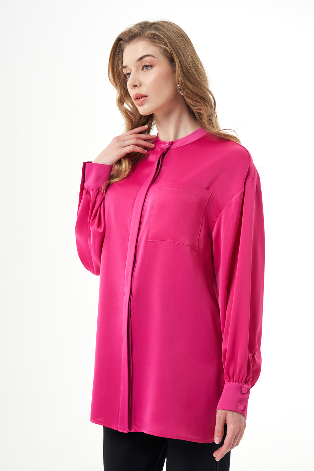 Mizalle Hakim Yaka Fuşya Saten Tunik