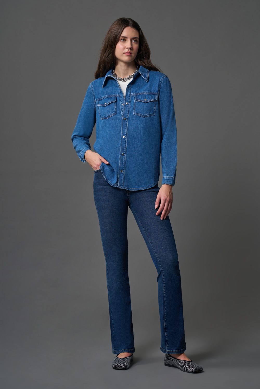 Çıtçıtlı Denim mavi Gömlek