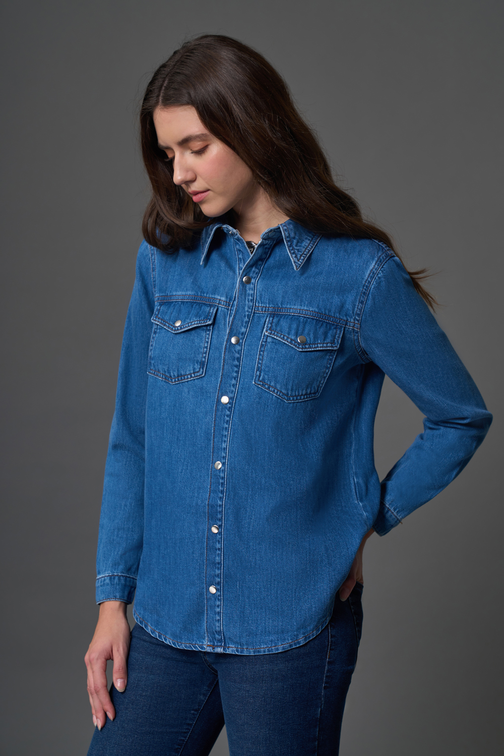 Çıtçıtlı Denim mavi Gömlek