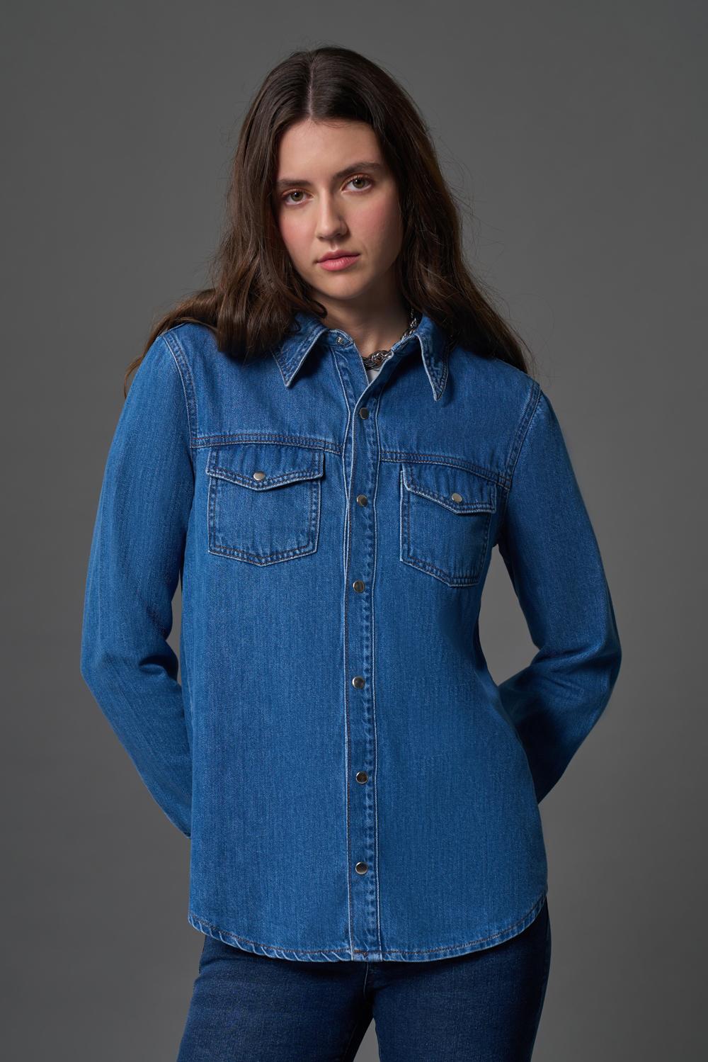 Çıtçıtlı Denim mavi Gömlek
