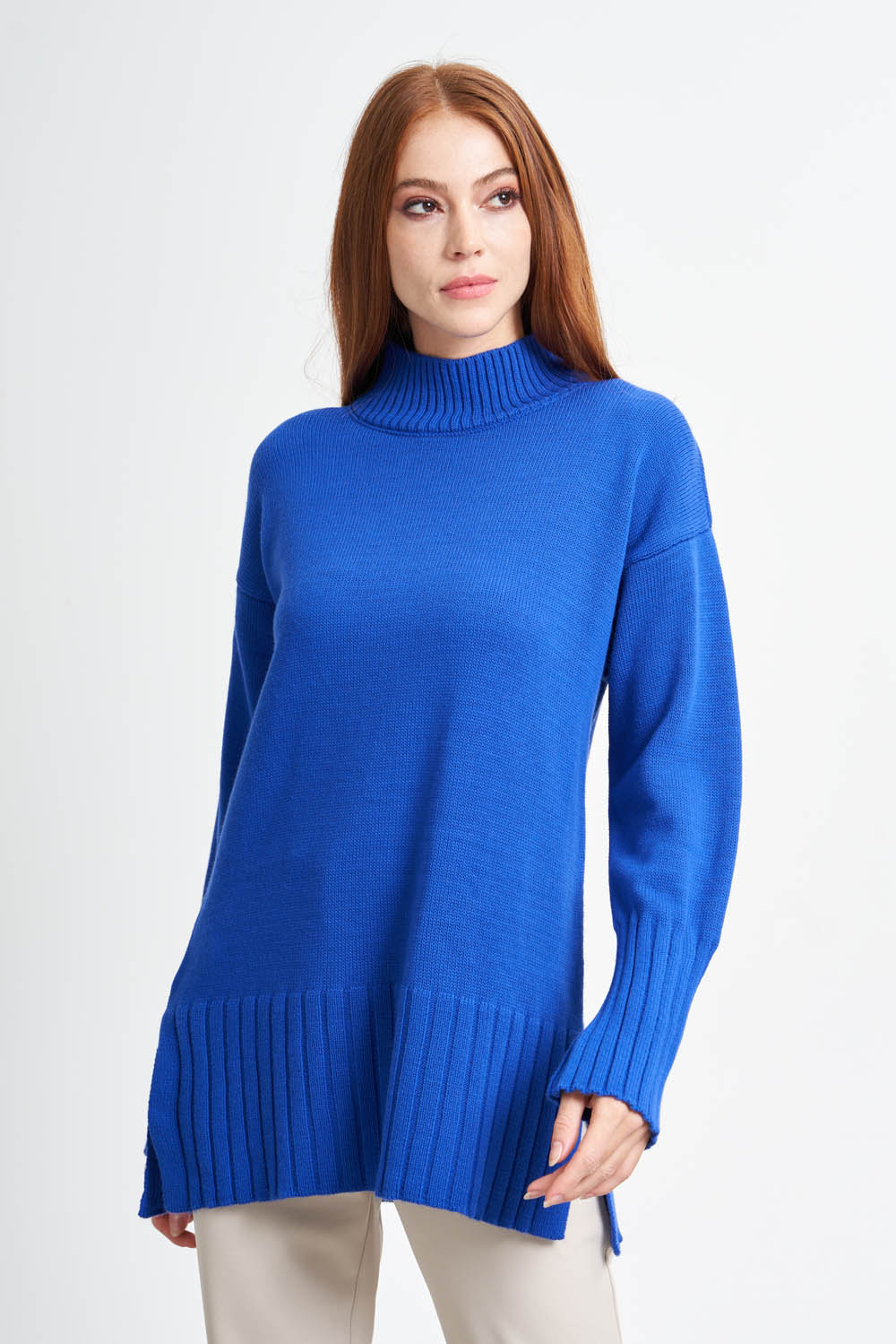 Mizalle Dik Yaka Oversize Saks Mavisi Uzun Triko Kazak