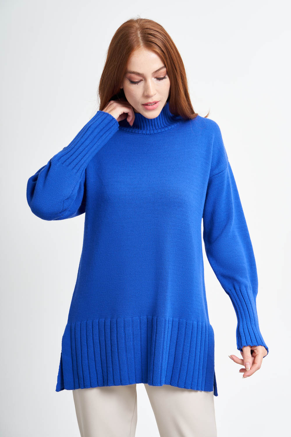 Mizalle Dik Yaka Oversize Saks Mavisi Uzun Triko Kazak