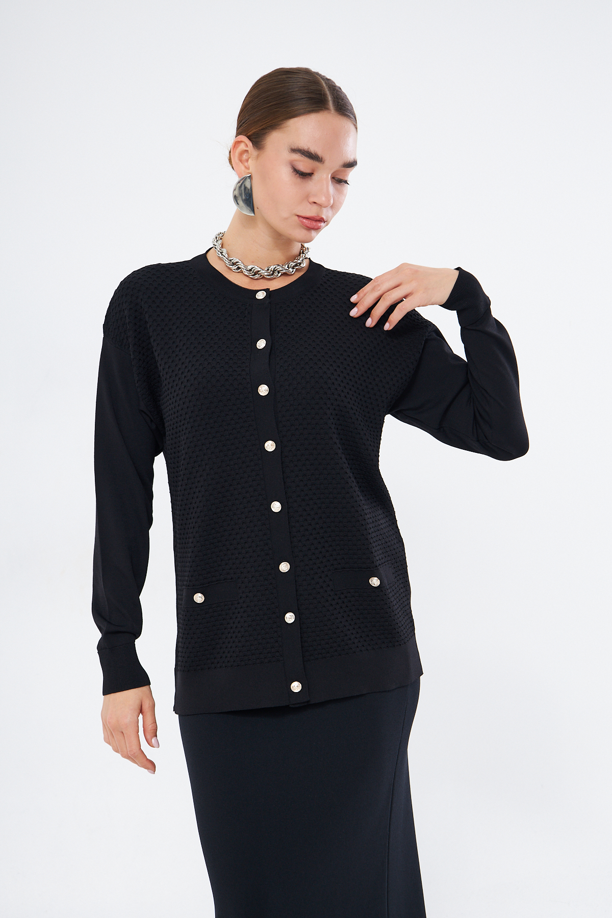 Mizalle Özel Dokulu Rayon Siyah Hırka