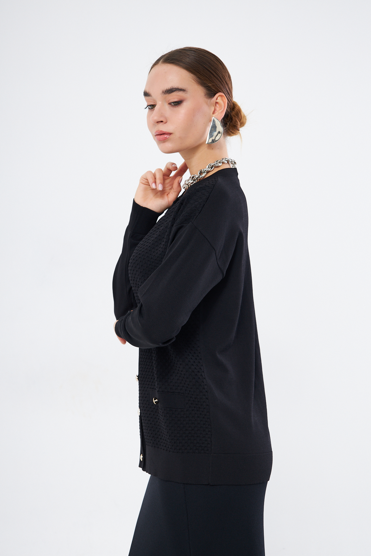 Mizalle Özel Dokulu Rayon Siyah Hırka