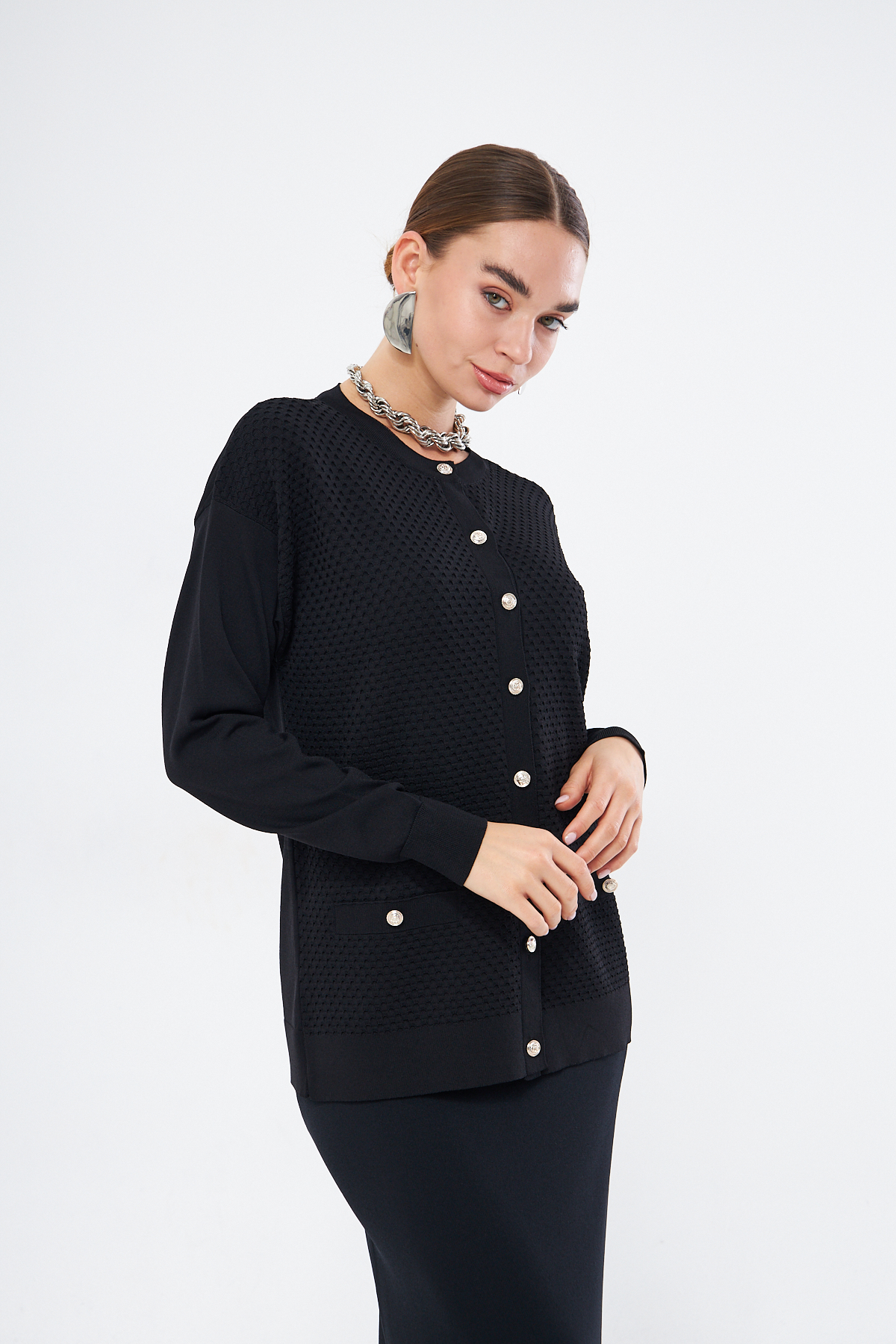 Mizalle Özel Dokulu Rayon Siyah Hırka