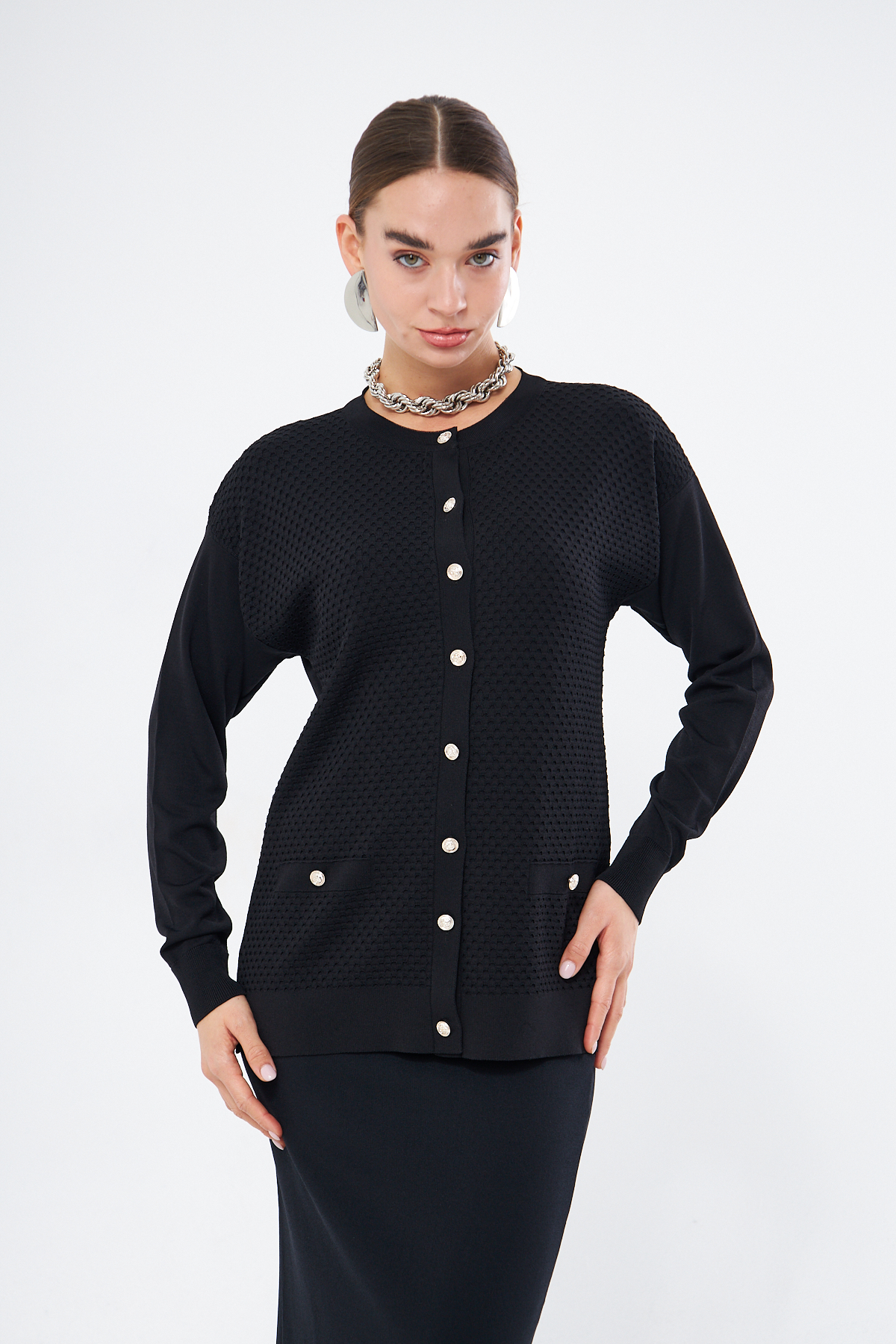 Mizalle Özel Dokulu Rayon Siyah Hırka