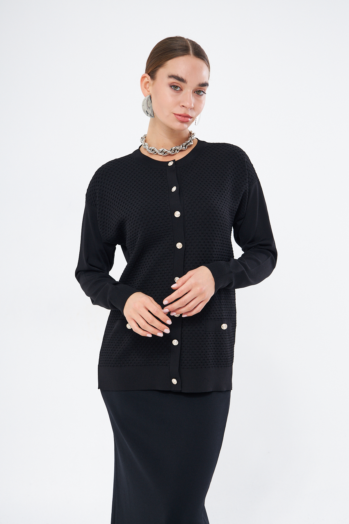 Mizalle Özel Dokulu Rayon Siyah Hırka