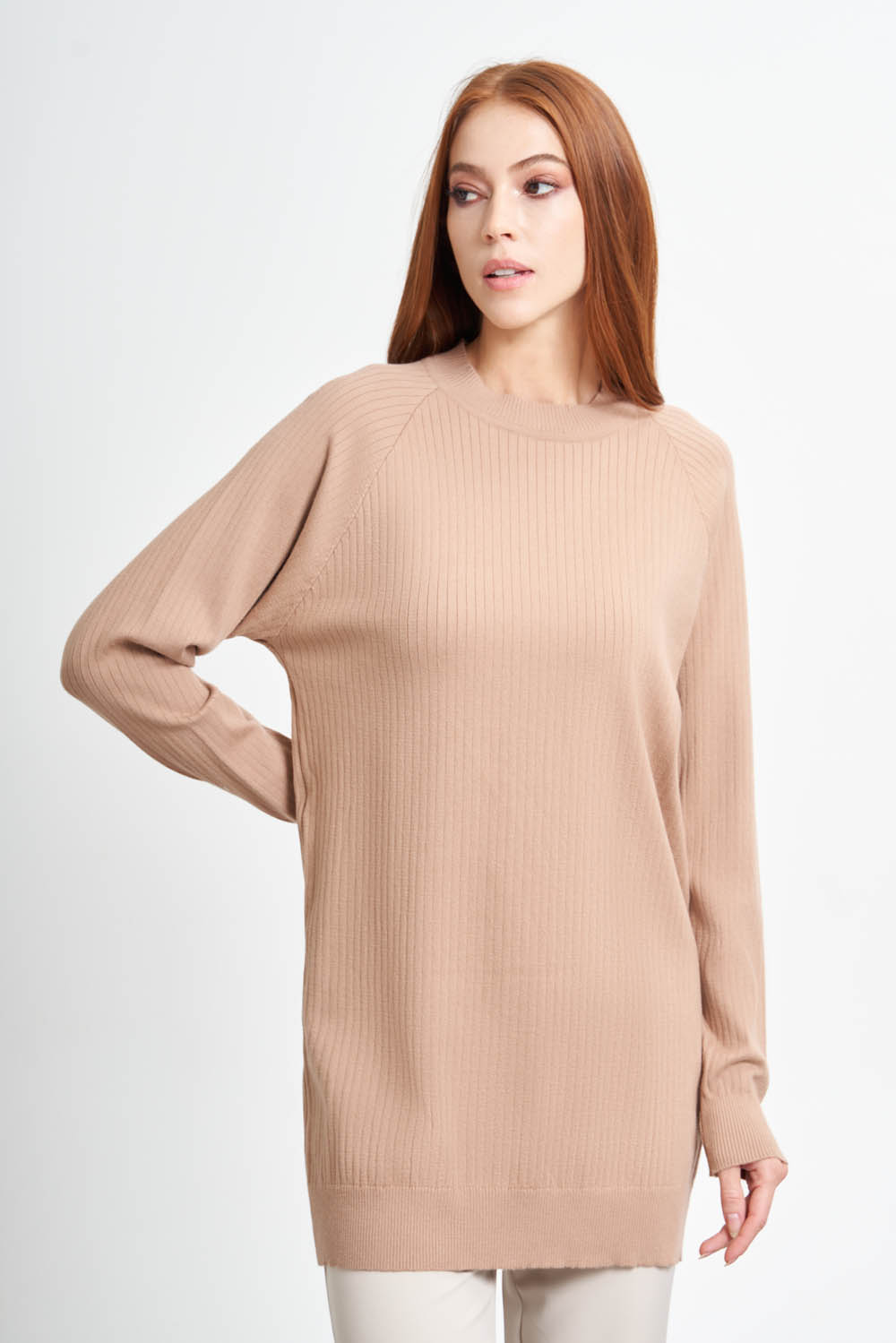 Mizalle Camel Kanallı Örme Yuvarlak Yaka Uzun Triko Kazak