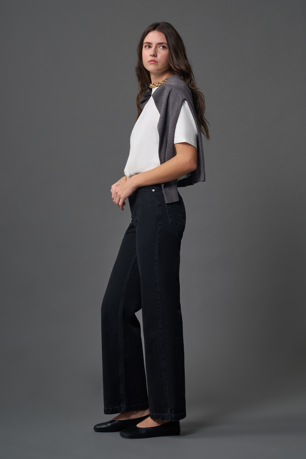 Mizalle Dar Kalıp Geniş Paça Antrasit Denim Pantolon