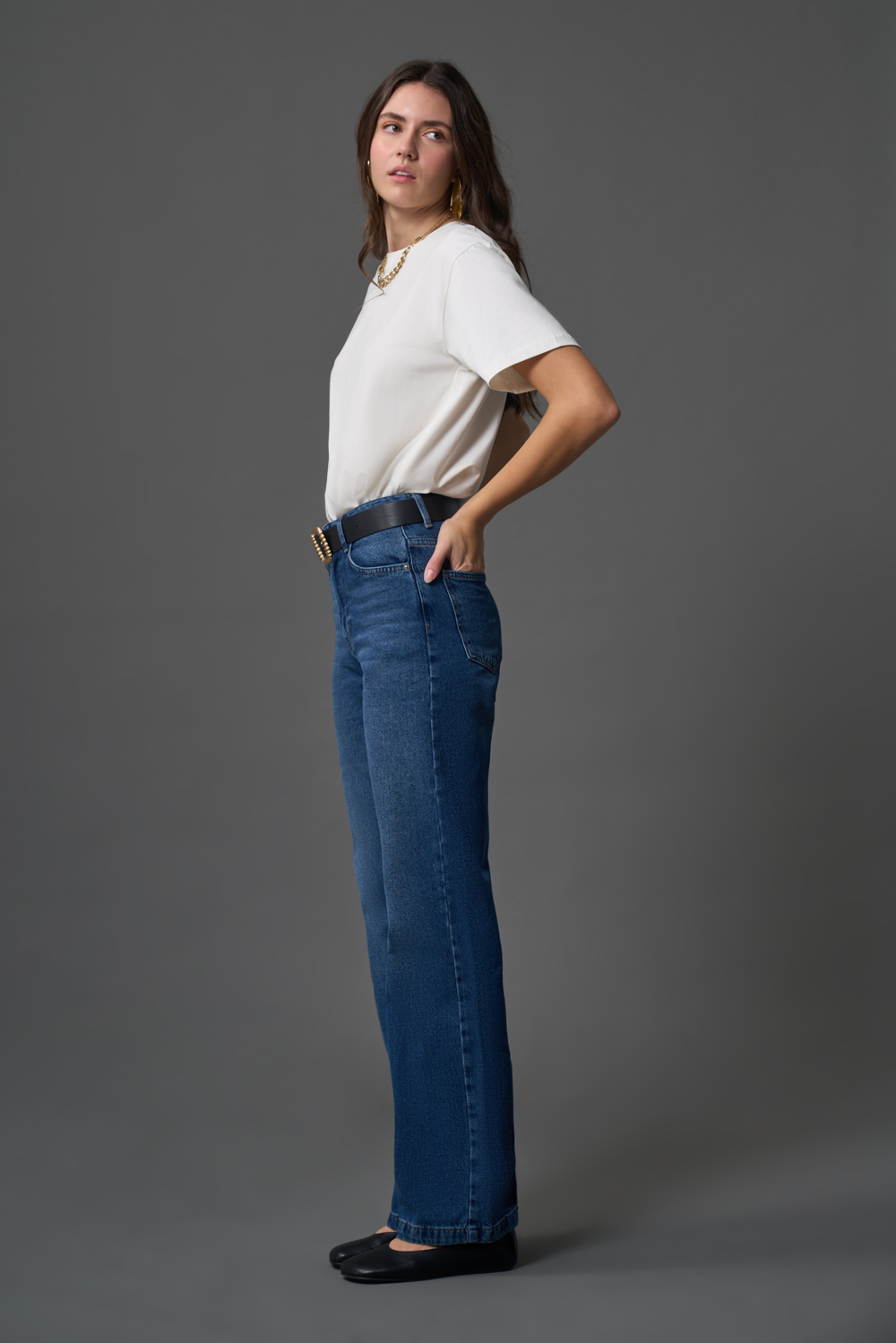 Mizalle Dar Kalıp Geniş Paça Koyu Mavi Denim Pantolon