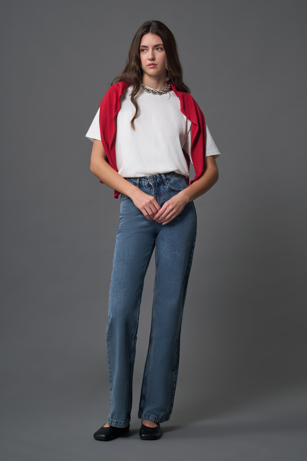 Mizalle Dar Kalıp Geniş Paça Mavi Denim Pantolon