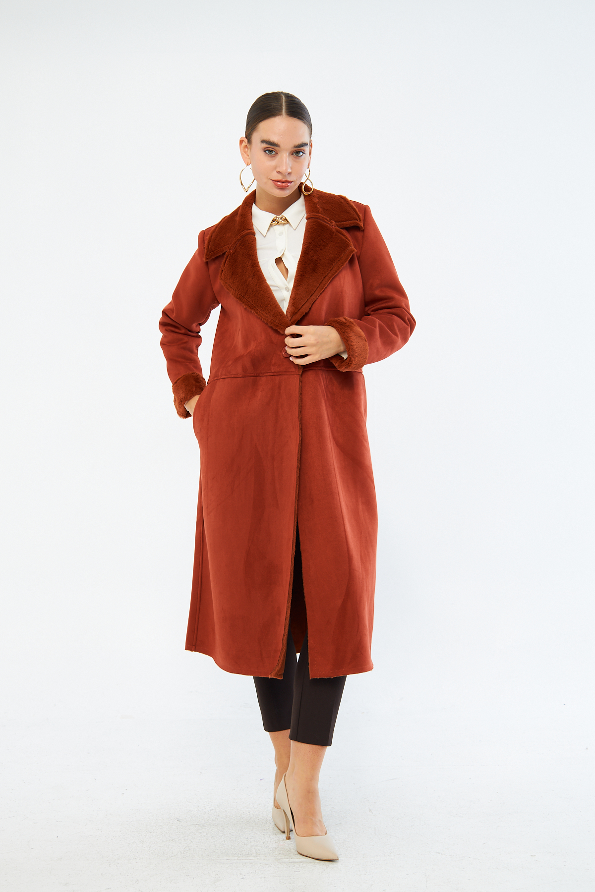 Mizalle Kürk Görünümlü İçi Peluş Uzun Taba Rengi Kaban
