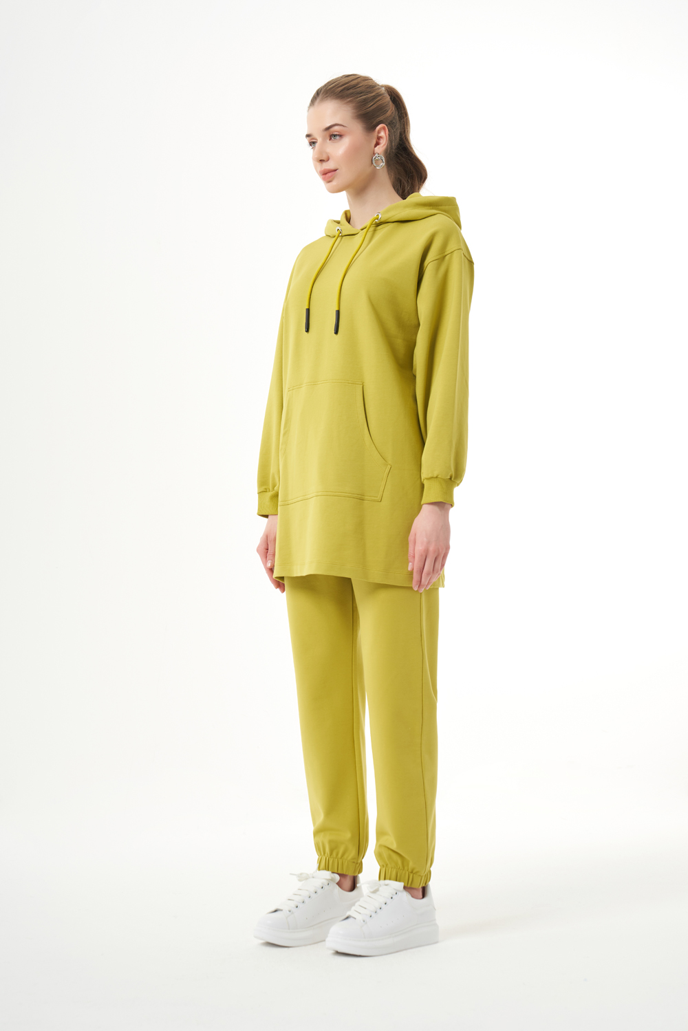 Mizalle Kapüşonlu Kanguru Cepli Yeşil Sweatshirt