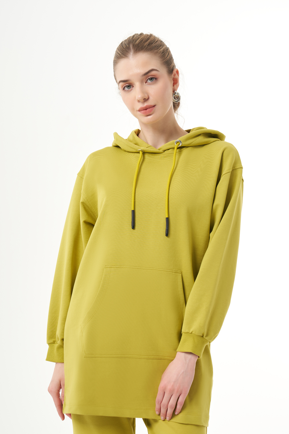 Mizalle Kapüşonlu Kanguru Cepli Yeşil Sweatshirt