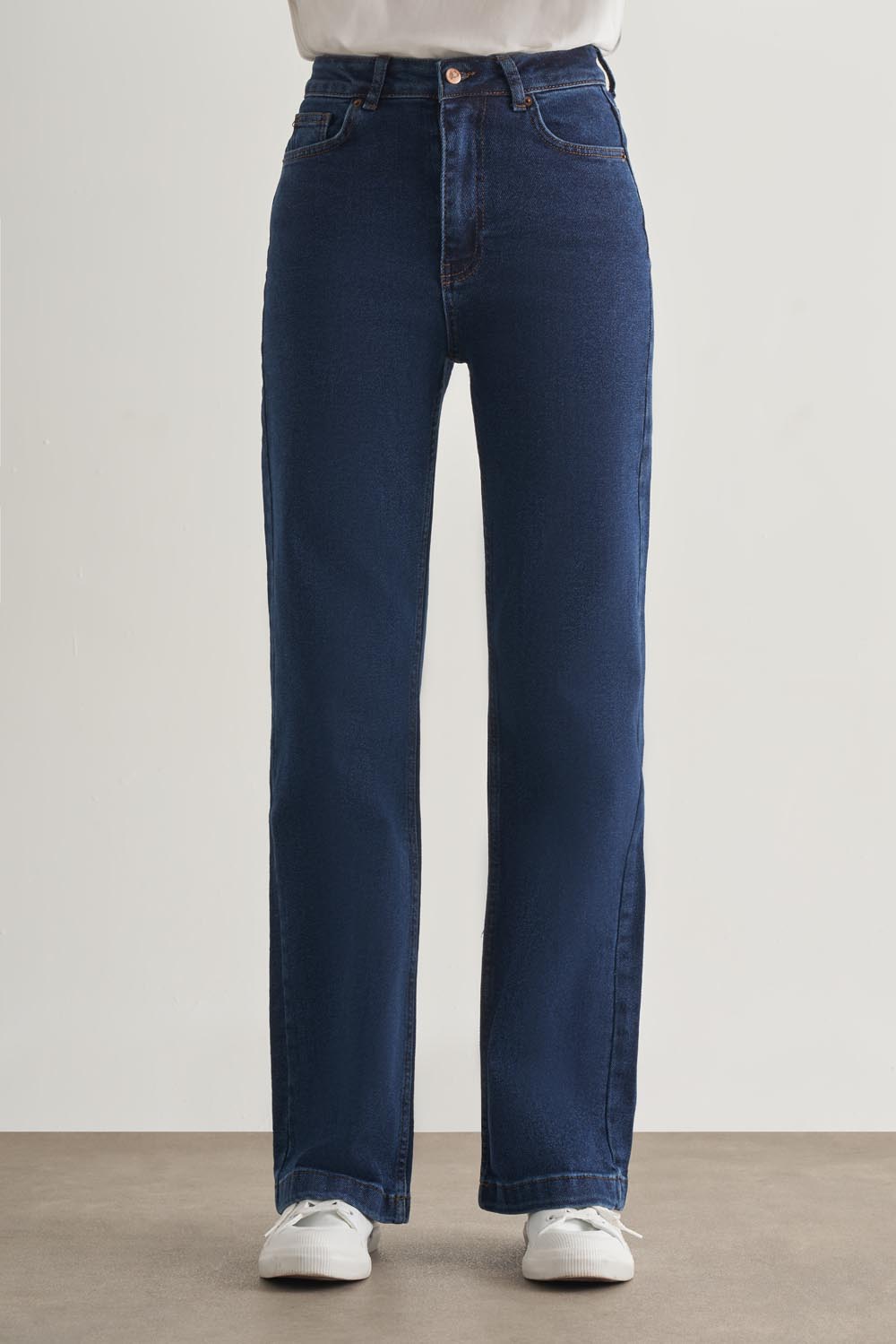 Mizalle Geniş Paça Yüksek Bel Koyu Mavi Denim Pantolon