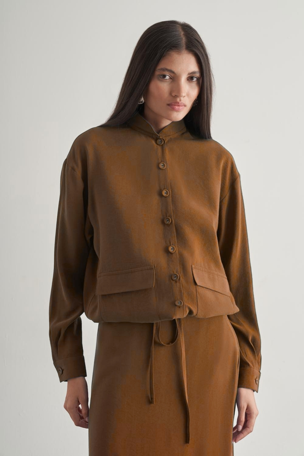 Mizalle İp Büzgülü Torba Cepli Modal Karışımlı Camel Ceket