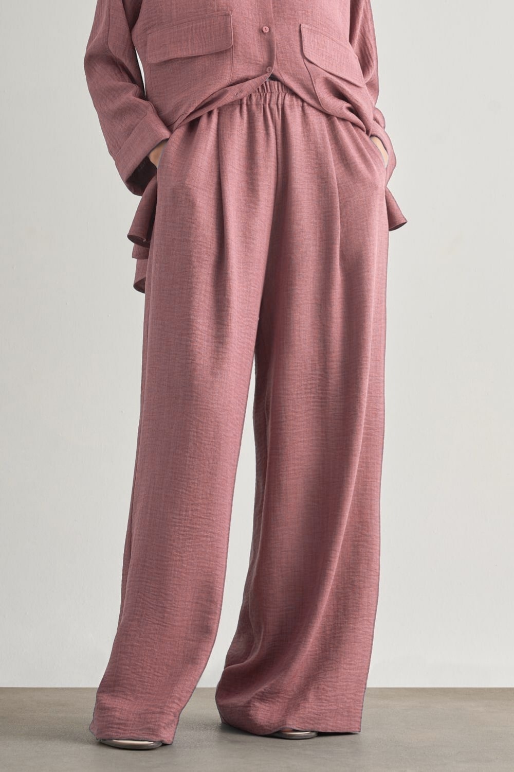 Mizalle Keten Dokulu Beli Lastikli Pembe Bol Kesim Pantolon