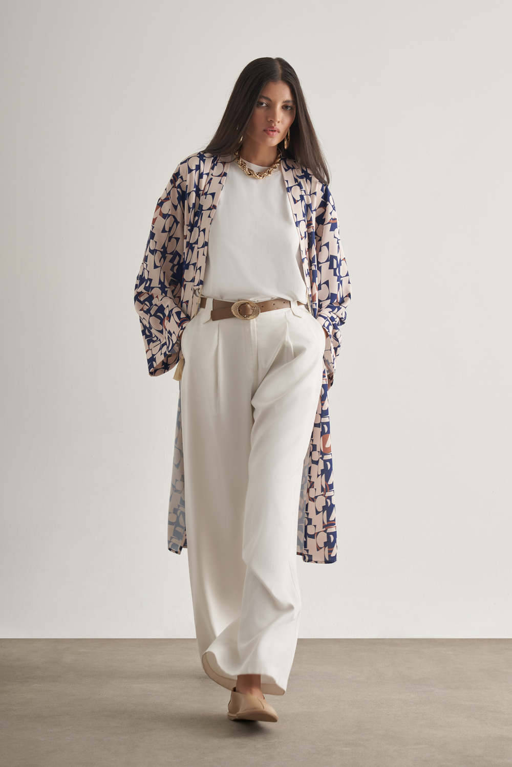 Mizalle Keten Dokulu Naturel Desenli Uzun Kimono Üst