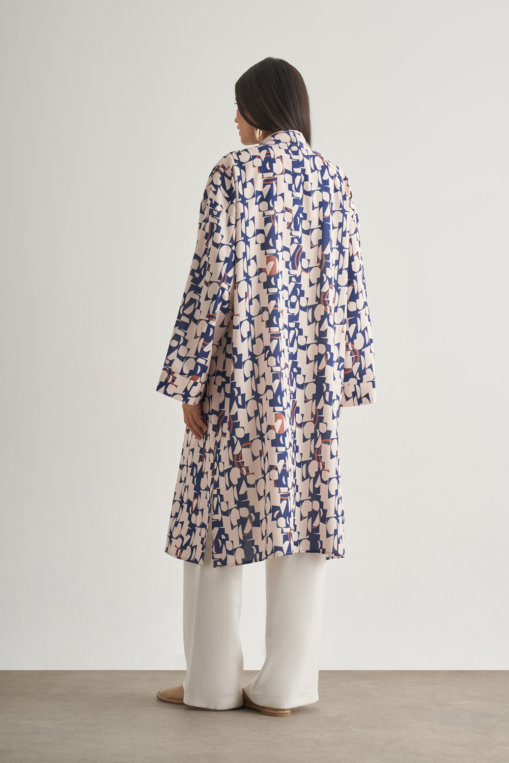 Mizalle Keten Dokulu Naturel Desenli Uzun Kimono Üst
