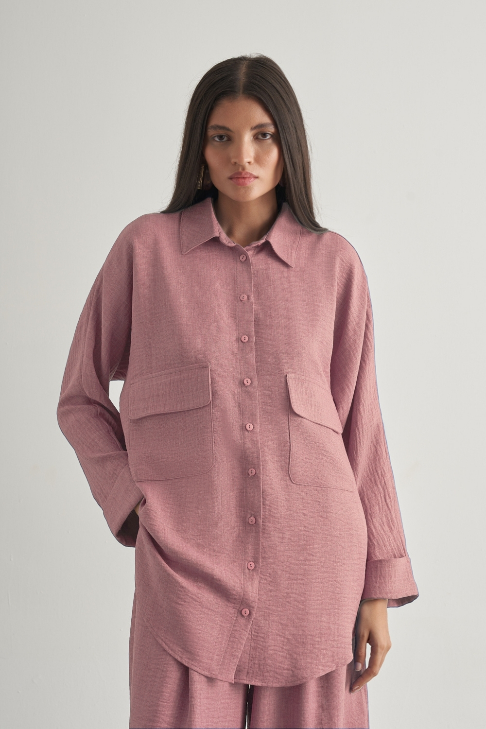 Mizalle Keten Dokulu Torba Cepli Pembe Tunik