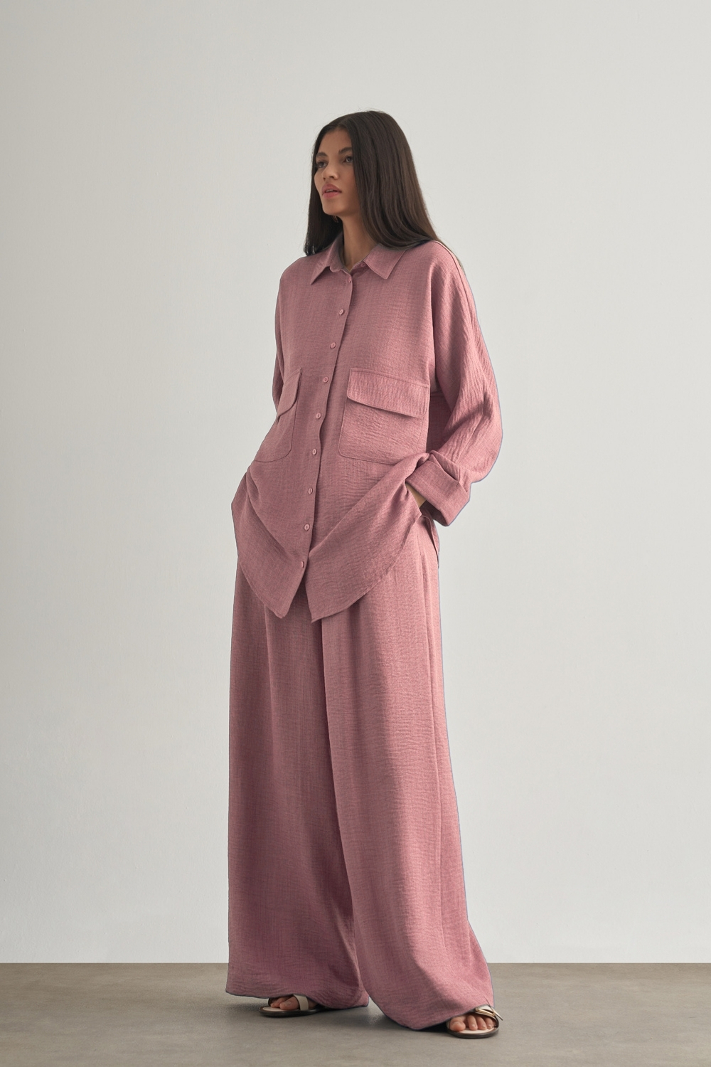 Mizalle Keten Dokulu Torba Cepli Pembe Tunik