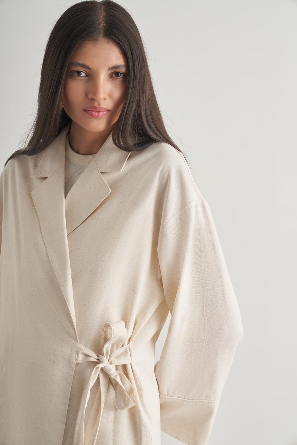Mizalle Keten Karışımlı Anvelop Bağlı Bej Rengi Kimono Ceket