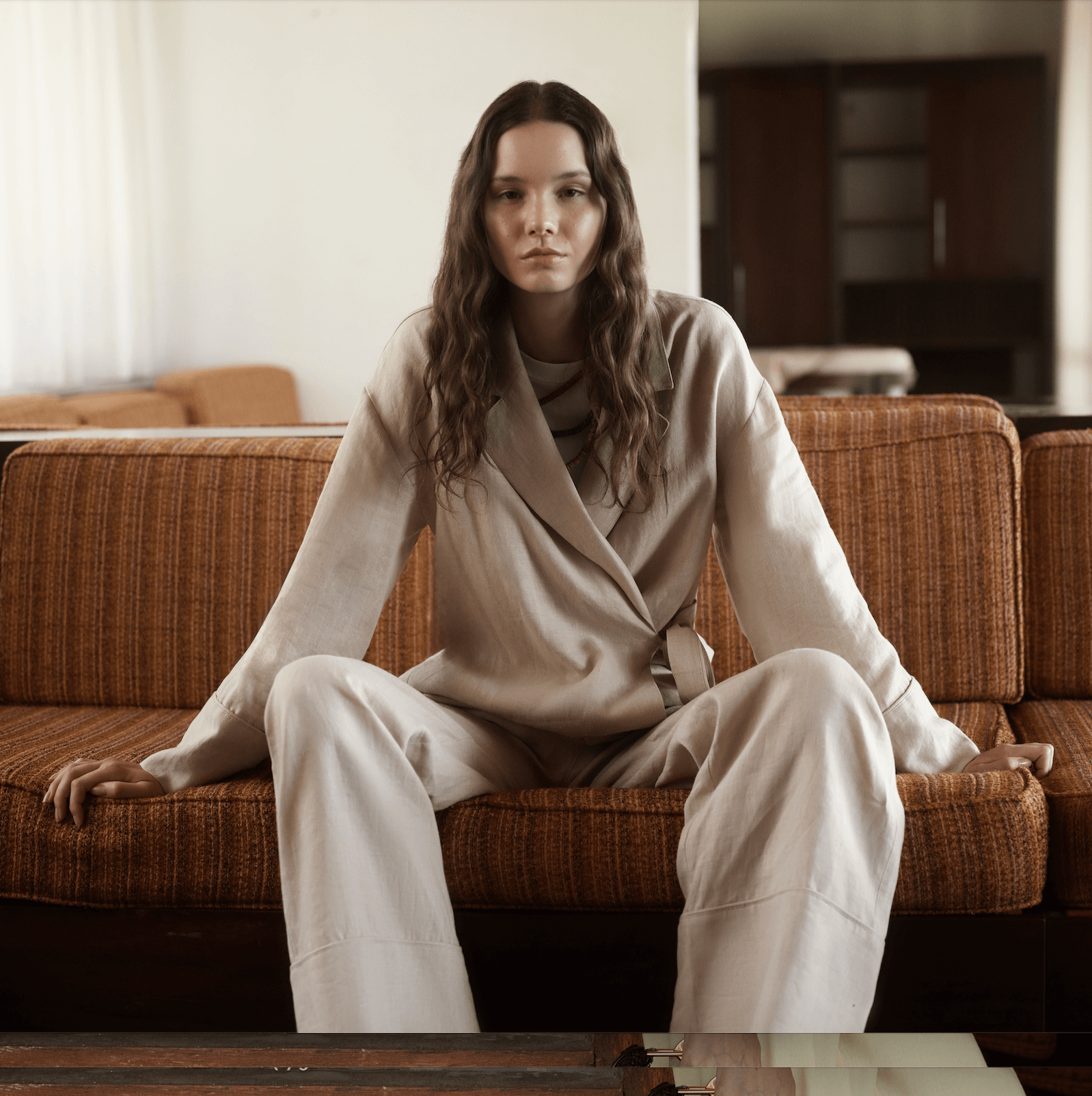 Mizalle Keten Karışımlı Anvelop Bağlı Bej Rengi Kimono Ceket