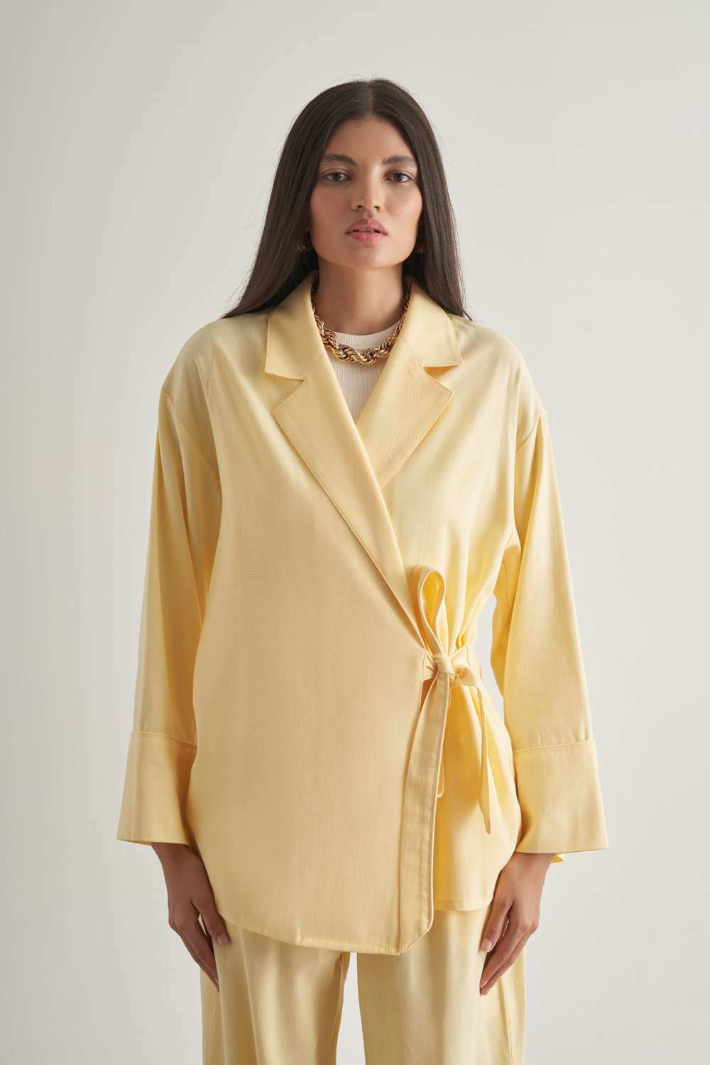 Mizalle Keten Karışımlı Anvelop Bağlı Sarı Kimono Ceket