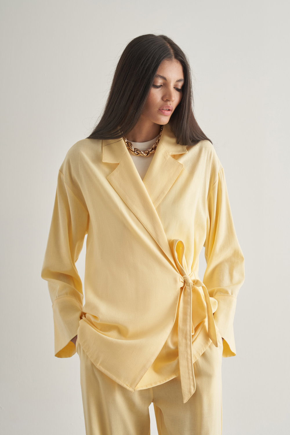 Mizalle Keten Karışımlı Anvelop Bağlı Sarı Kimono Ceket