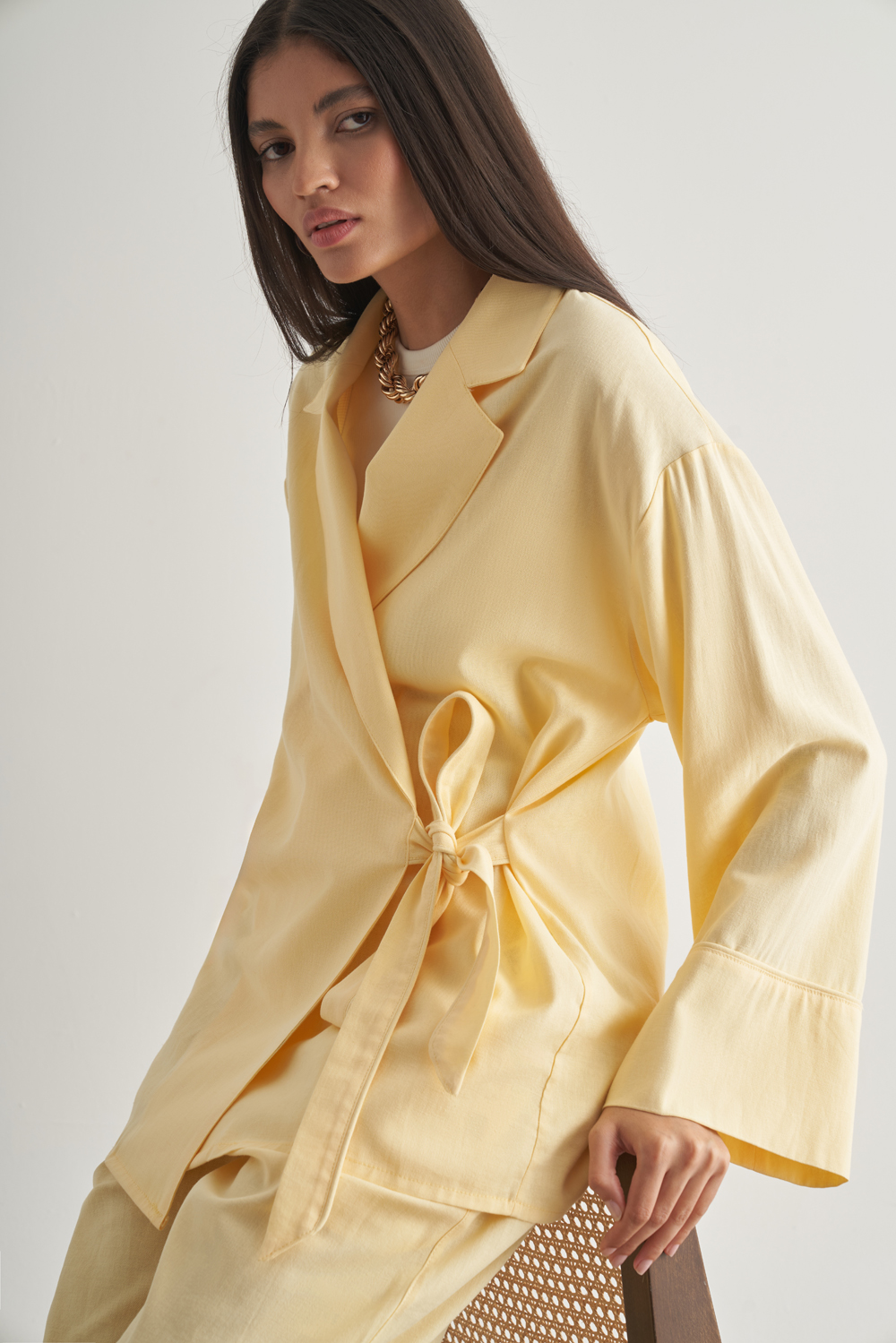 Mizalle Keten Karışımlı Anvelop Bağlı Sarı Kimono Ceket