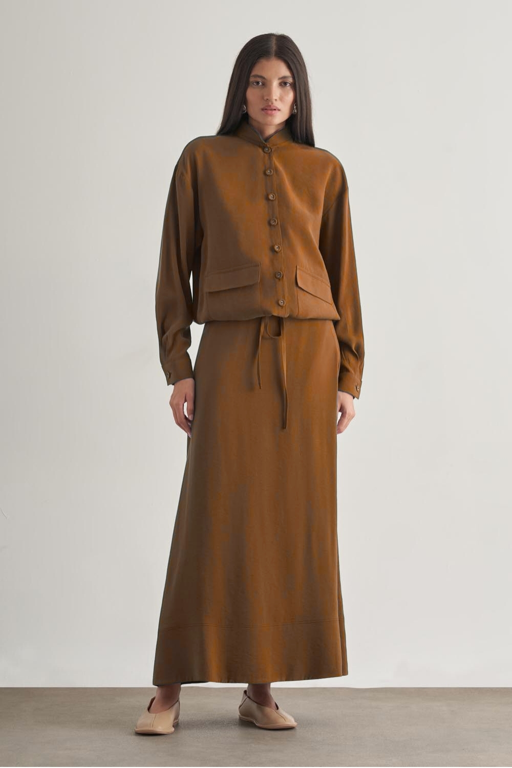 Mizalle Modal Karışımlı Camel Maksi Evaze Etek