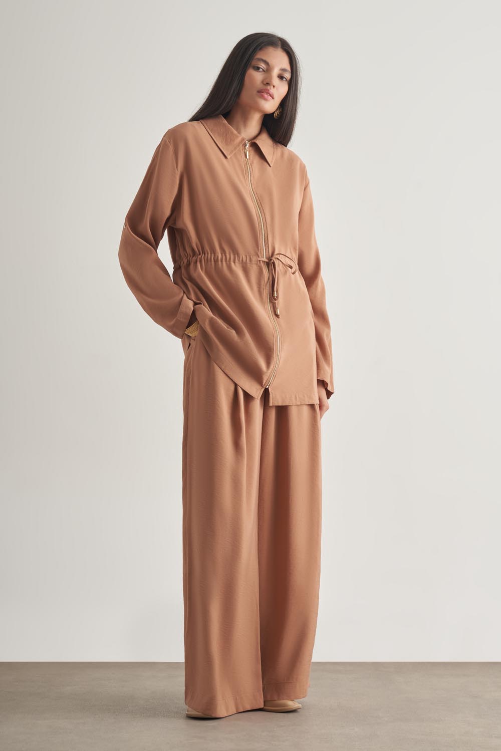 Mizalle Modal Karışımlı Fermuarlı Camel Tunik
