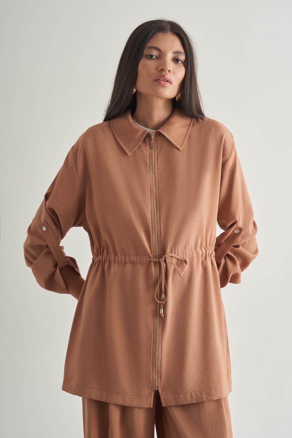 Mizalle Modal Karışımlı Fermuarlı Camel Tunik