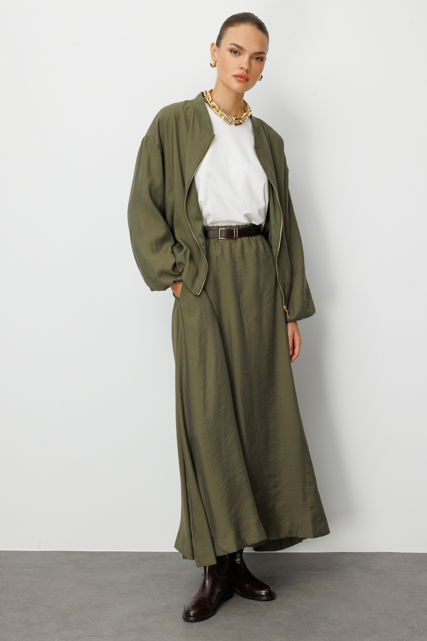 Mizalle Modal Karışımlı Haki Oversize Bomber Ceket