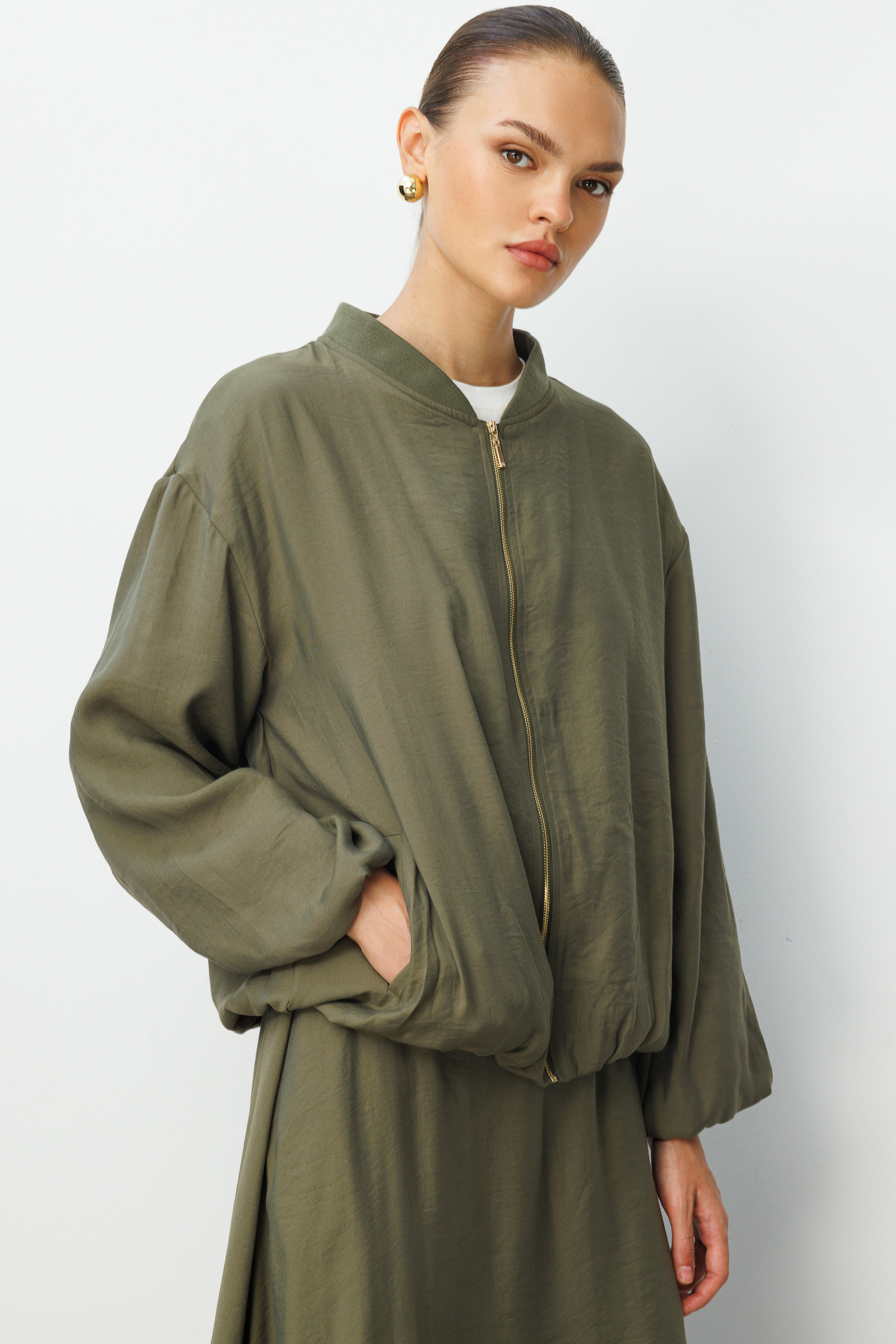 Mizalle Modal Karışımlı Haki Oversize Bomber Ceket