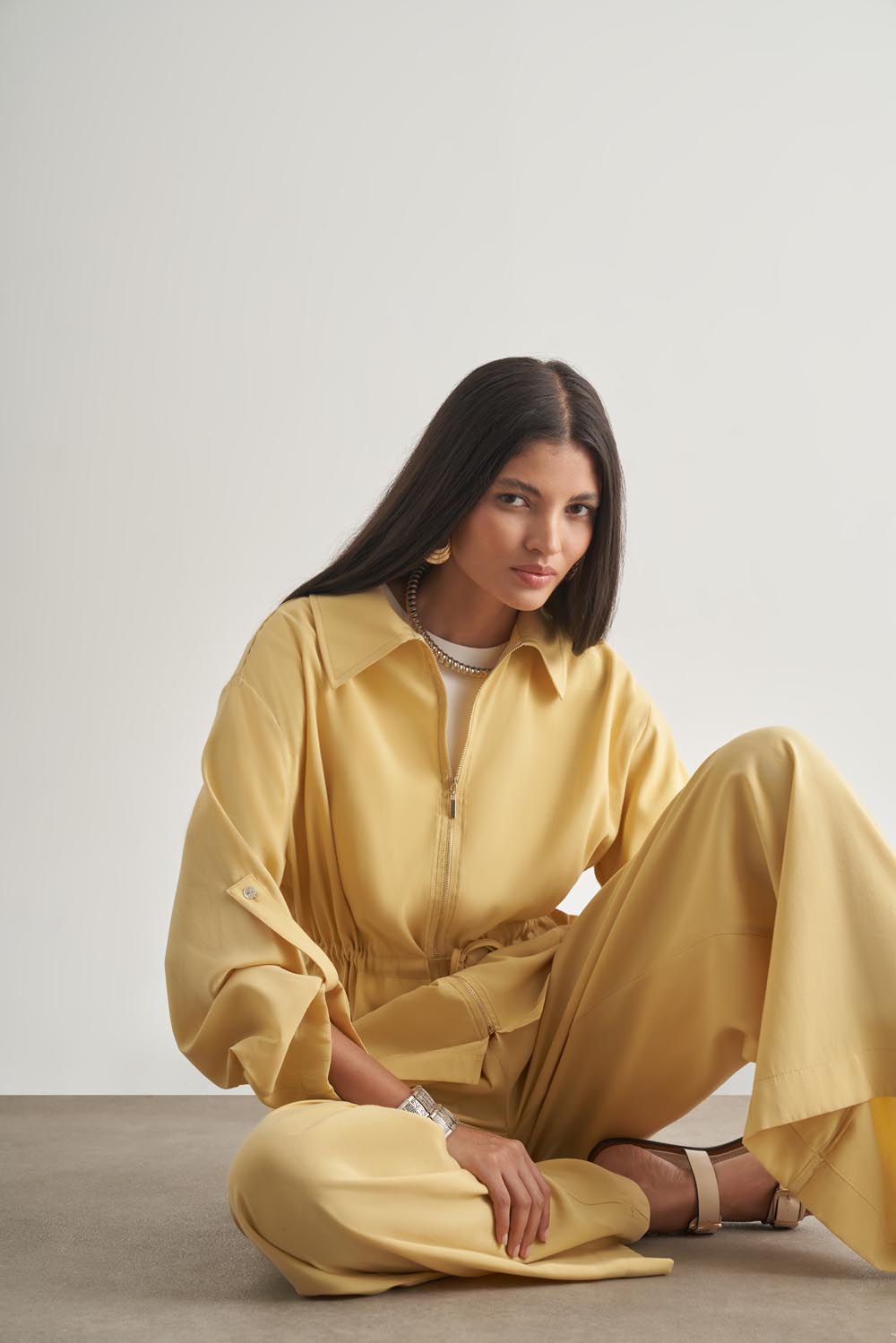 Mizalle Modal Karışımlı Rahat Kesim Beli Lastikli Sarı Pantolon