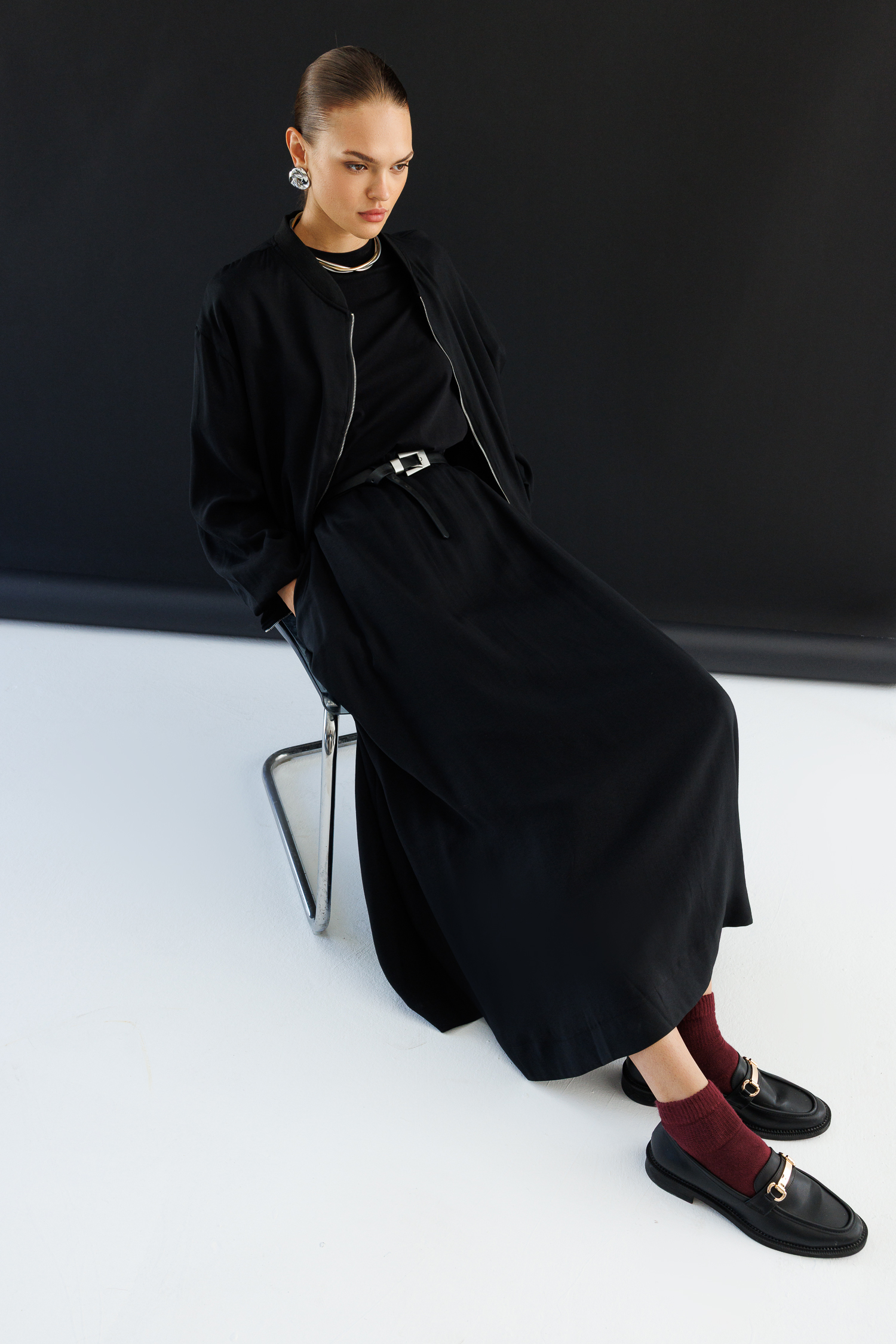Mizalle Modal Karışımlı Siyah Oversize Bomber Ceket