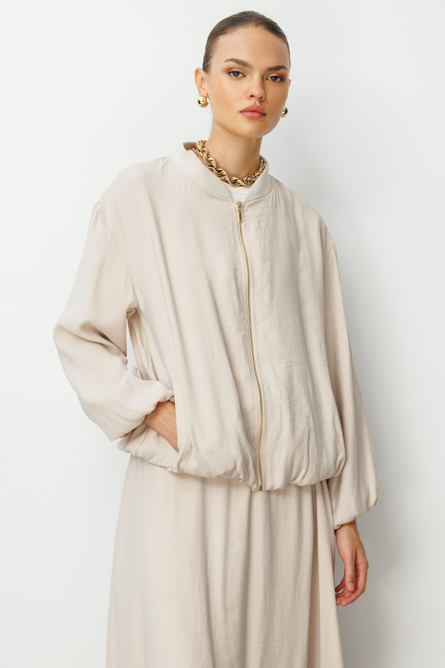 Mizalle Modal Karışımlı Taş Rengi Oversize Bomber Ceket