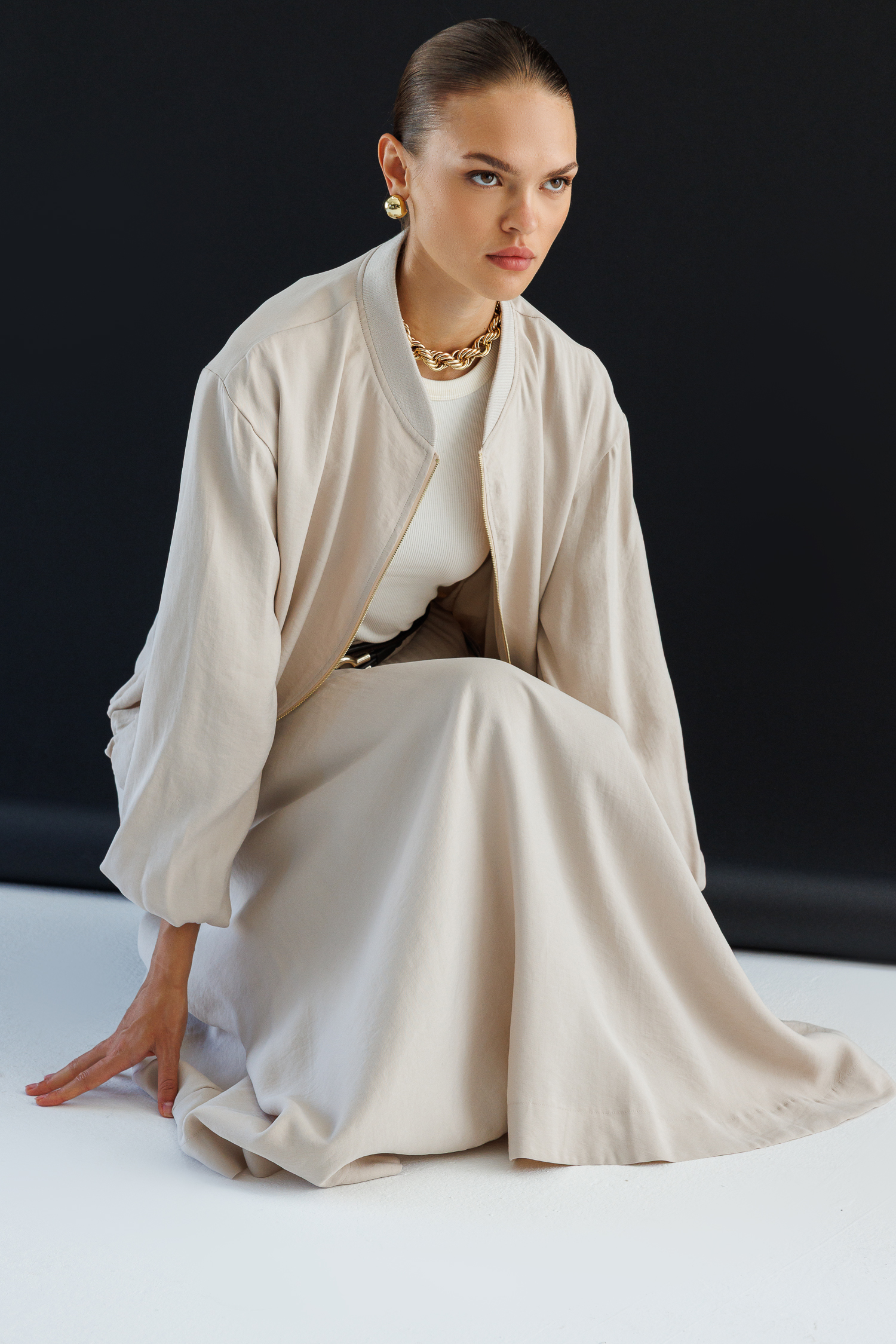 Mizalle Modal Karışımlı Taş Rengi Oversize Bomber Ceket