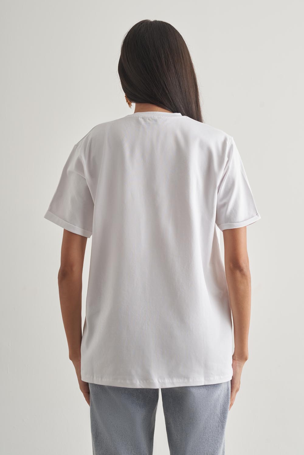 Mizalle Pamuklu Ekru Oversize Basic Tişört
