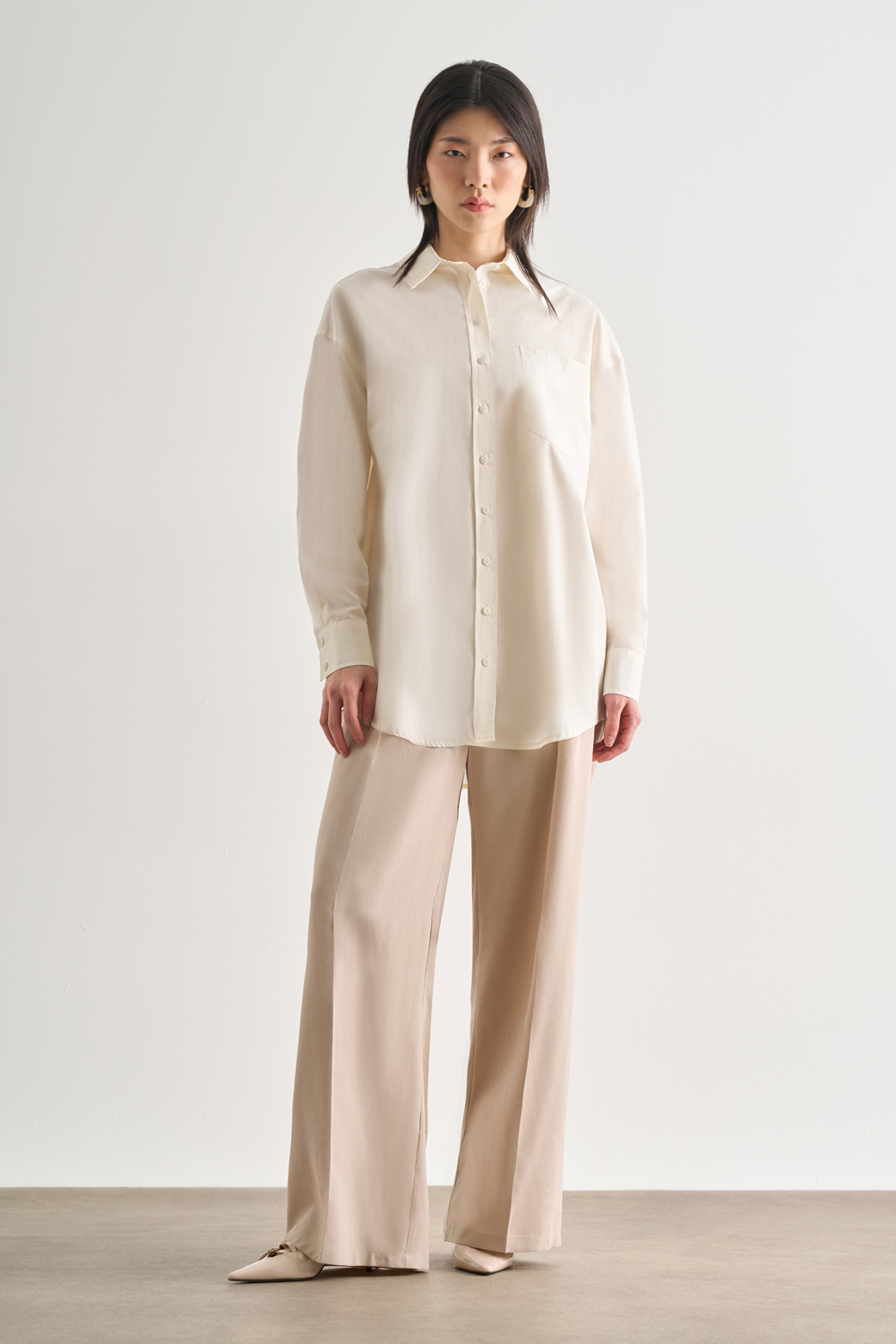 Mizalle Premium Saf Pamuk Ekru Oversize Gömlek