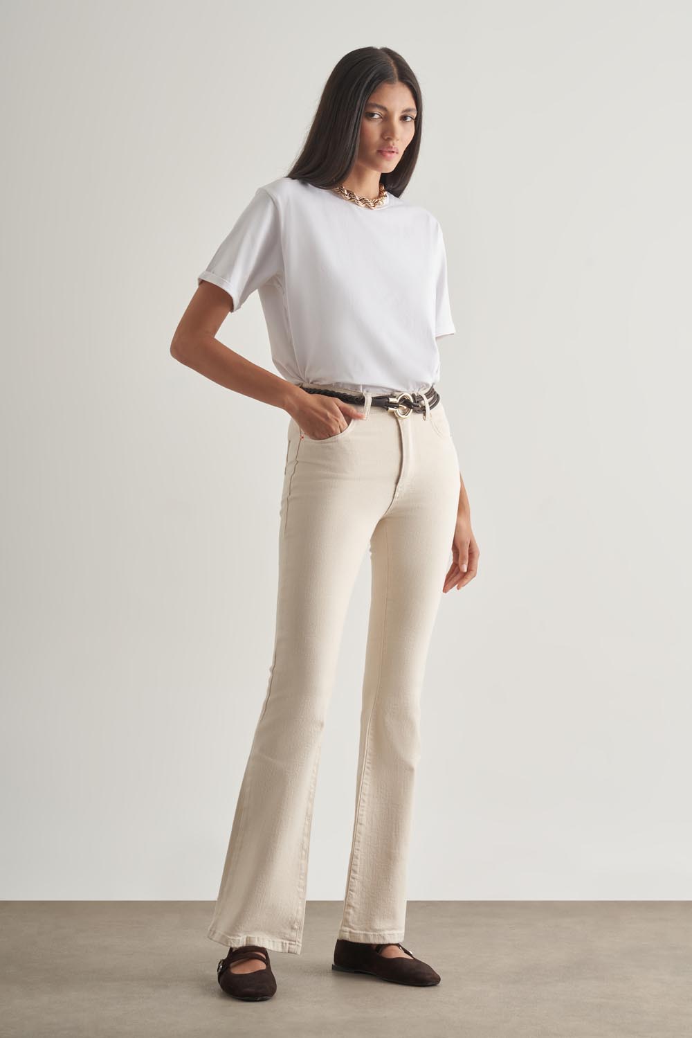 Mizalle Skinny Fit Flare Paça Ekru Denim Pantolon