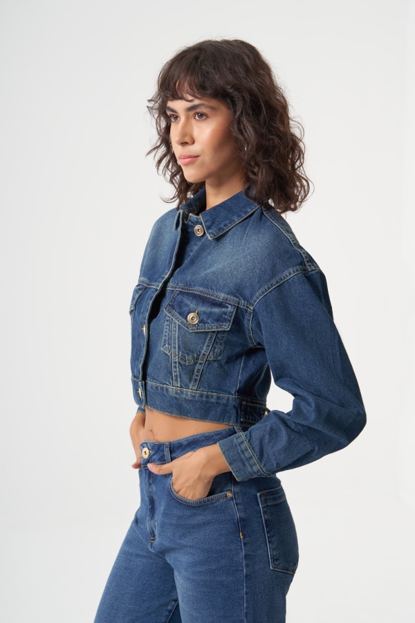MZL Lacivert Crop Denim Ceket