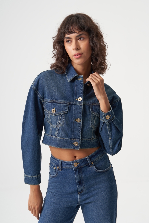 MZL Lacivert Crop Denim Ceket